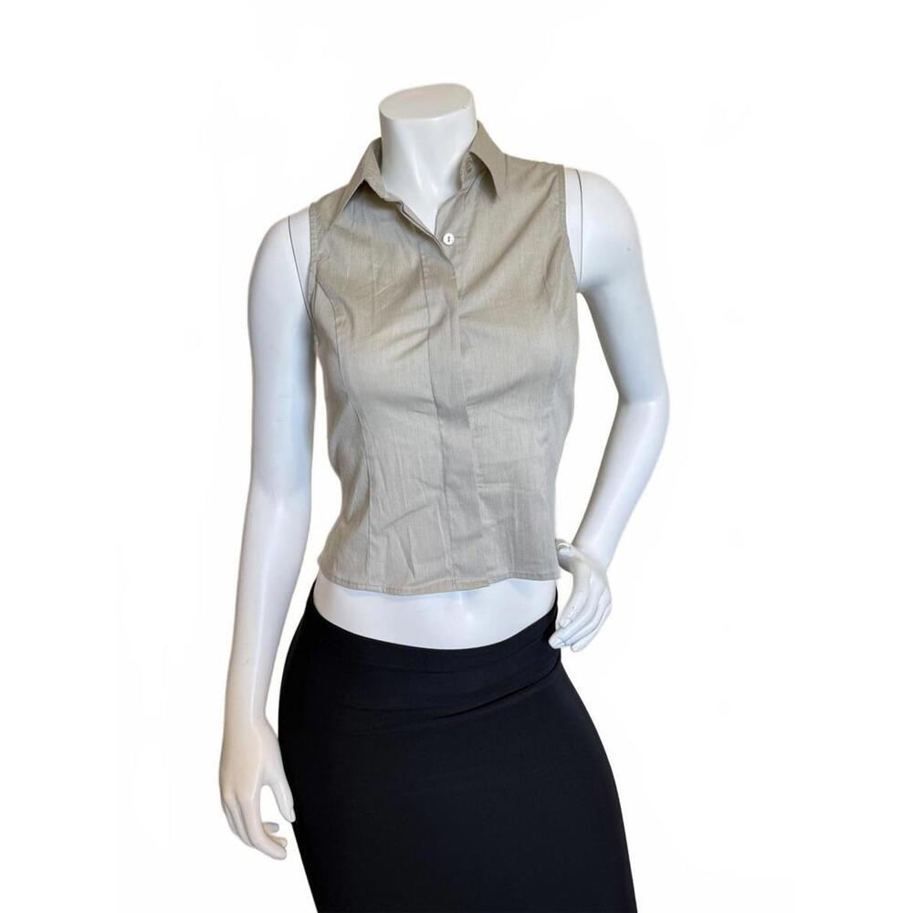 Krazy Larry Sleeveless Collared Button-Front Top Size S Beige Cropped Blouse Y2K